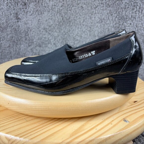 Mephisto Shoes Womens Sz 6.5 Black Patent Leather Slip On Heel Loafer Square Toe - Picture 1 of 11